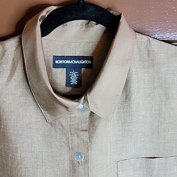 Norton McNaughton-Linen/Rayon tan colored shirt with 3/4 sleeves. L. NWT. - Picture 4 of 12
